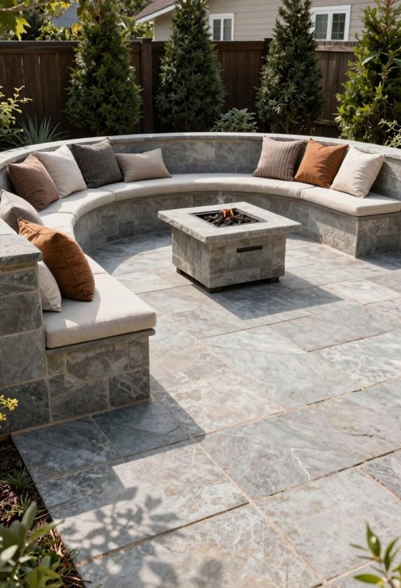 310 sq ft patio with built in curved seat wall