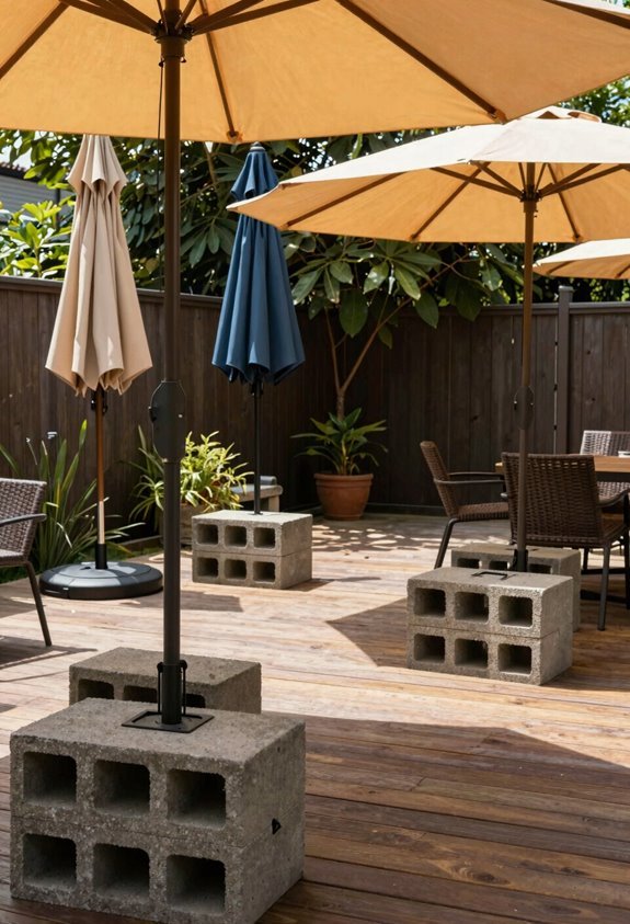 10 DIY Patio Shade Ideas Under $100 7 cinder blocks stabilize patio umbrellas