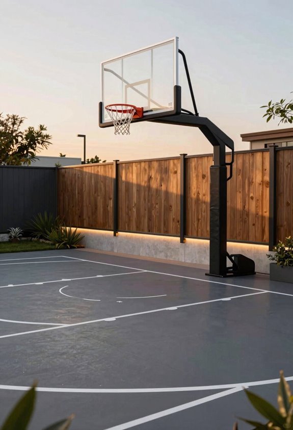 5 Backyard Basketball Court Ideas for Your Home 5 led lit backyard court with safety fencing