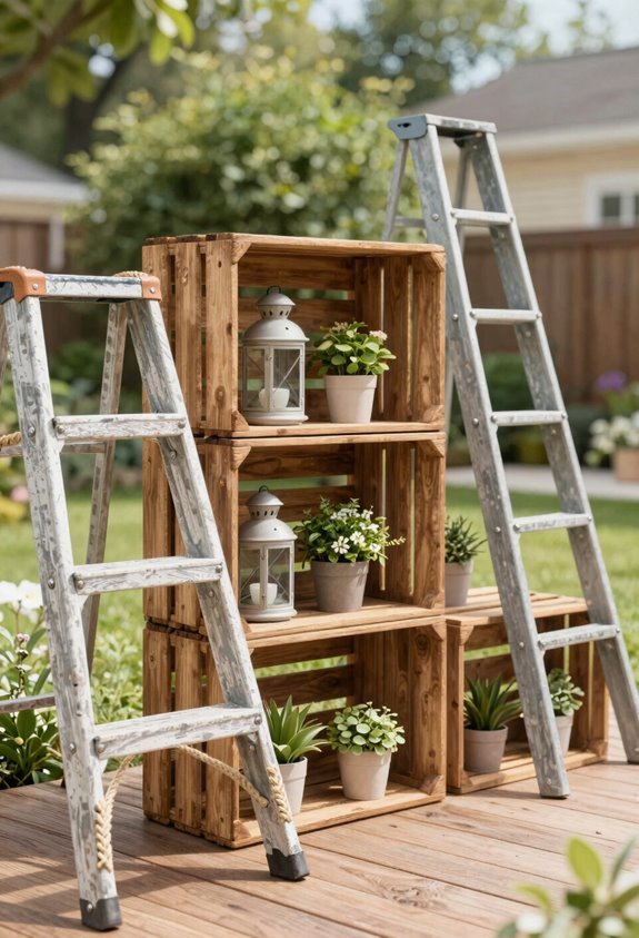 old ladders and crates repurposed
