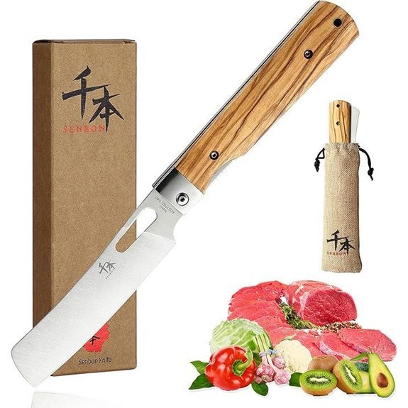 SENBON 440A Stainless Steel Folding Chef Knife with Olive Handle