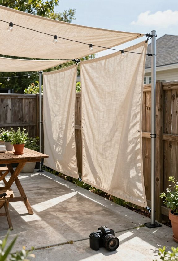 10 DIY Patio Shade Ideas Under $100 2 tensioned curtain fence anchors use