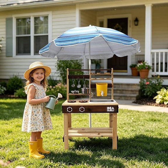 Wooden Mud Kitchen with Umbrella for Kids Ages 3-8
