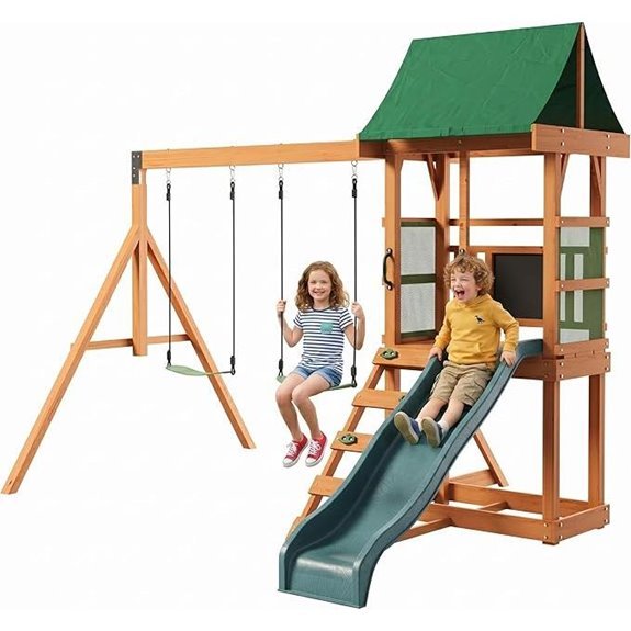 10 Best Rated Backyard Playsets for 2026 9 Wooden Backyard Swing Set with Slide and Rock Wall