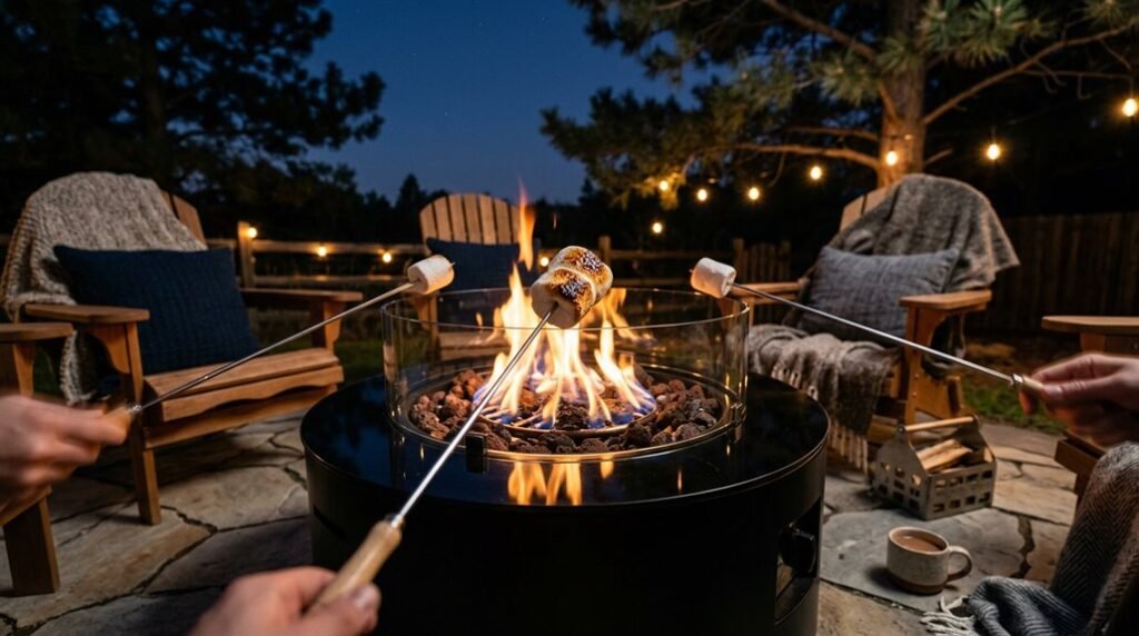roasting marshmallows over propane fire pit